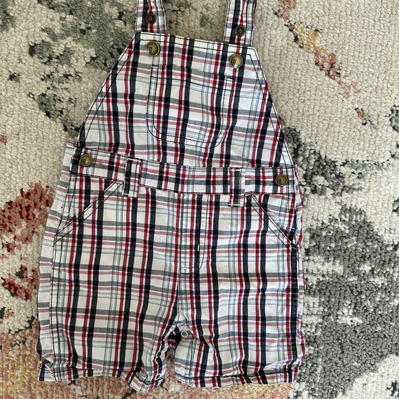 Y2K Gymboree Baby Boy Plaid Red White Blue Overalls Shortalls 6-12 M 100% Cotton - Picture 12 of 14